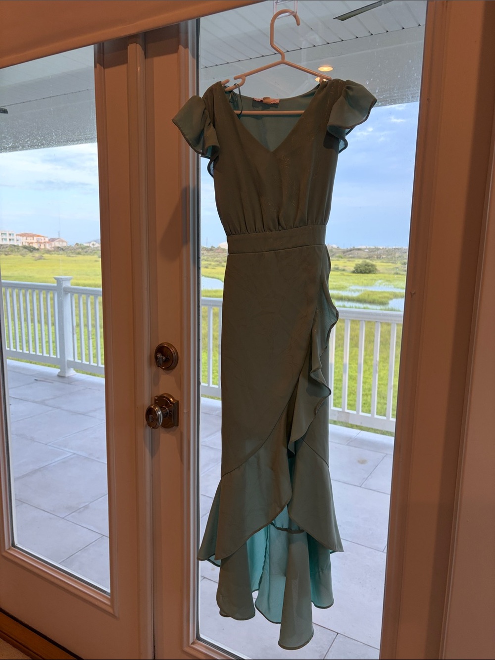 Girls' Sage Green Ruffle-Trim Formal Dress with Flutter Sleeves